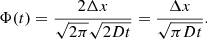Mathematical equation: $$ \begin{aligned} \Phi (t) = \frac{2 \Delta x}{\sqrt{2\pi } \sqrt{2 D t}} = \frac{\Delta x}{\sqrt{\pi D t}}. \end{aligned} $$