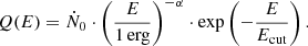$$ \begin{aligned} Q(E) = \dot{N}_0 \cdot \left(\frac{E}{1\,\mathrm{erg}}\right)^{-\alpha } \cdot \exp \left(-\frac{E}{E_{\rm cut}}\right). \end{aligned} $$