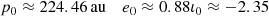 $$ \begin{aligned}&p_0 \approx 224.46\,\mathrm{au}&e_0 \approx 0.88&\iota _0 \approx -2.35 \end{aligned} $$