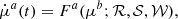 $$ \begin{aligned} \dot{\mu }^a(t) = F^a(\mu ^b;\mathcal{R,S,W} ), \end{aligned} $$