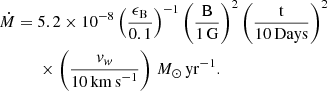 $$ \begin{aligned}&\dot{{M}} = 5.2 \times 10^{-8} \left(\frac{\epsilon _{\rm B}}{0.1}\right)^{-1} \left(\frac{{\mathrm{B} }}{\mathrm{1 \, G }}\right)^{2} \left(\frac{{\mathrm{t} }}{10 \, \mathrm{Days} }\right)^{2}\nonumber \\&\qquad \quad \times \left(\frac{{{{v}_{ w}}}}{10 \, \mathrm {km\,s} ^{-1}}\right) \, {M_{\odot } \, \mathrm{yr}^{-1}} . \end{aligned} $$