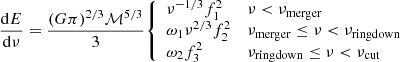$$ \begin{aligned} \frac{\mathrm{d} E}{\mathrm{d} \nu } = \frac{(G \pi )^{2/3} \mathcal{M} ^{5/3}}{3} {\left\{ \begin{array}{ll} \nu ^{-1/3} f_1^2&\nu < \nu _\mathrm{merger} \\ \omega _1 \nu ^{2/3} f_2^2&\nu _\mathrm{merger} \le \nu < \nu _\mathrm{ringdown} \\ \omega _2 f_3^2&\nu _\mathrm{ringdown} \le \nu < \nu _\mathrm{cut} \end{array}\right.} \end{aligned} $$