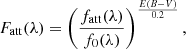 $$ \begin{aligned} F_{\rm att}(\lambda ) = \left( \frac{f_{\rm att}(\lambda )}{f_0(\lambda )} \right)^{\frac{E(B-V)}{0.2}}, \end{aligned} $$