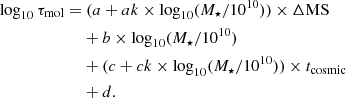 $$ \begin{aligned} \begin{aligned} {\log _{10}\tau _{\rm mol}} =&\ (a+ak \times {\log _{10}}(M_{\star }/10^{10})) \times \Delta \mathrm{MS} \\&+ b \times {\log _{10}}(M_{\star }/10^{10}) \\&+(c+ck \times {\log _{10}}(M_{\star }/10^{10})) \times t_{\rm cosmic} \\&+{d}. \end{aligned} \end{aligned} $$
