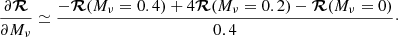 $$ \begin{aligned} \frac{\partial \boldsymbol{\mathcal{R} }}{\partial M_\nu } \simeq \frac{-\boldsymbol{\mathcal{R} }(M_\nu =0.4)+4\boldsymbol{\mathcal{R} }(M_\nu =0.2) - \boldsymbol{\mathcal{R} }(M_\nu =0)}{0.4} \cdot \end{aligned} $$