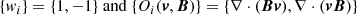 $$ \begin{aligned} \{w_i\}=\{1,-1\}\ \mathrm{and} \ \{O_i(\boldsymbol{v},\boldsymbol{B})\}=\{\nabla \cdot (\boldsymbol{B}\boldsymbol{v}),\nabla \cdot (\boldsymbol{v}\boldsymbol{B})\} \end{aligned} $$