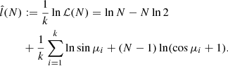 $$ \begin{aligned} \hat{l}(N)&:= \frac{1}{k}\ln \mathcal{L} (N) = \ln N - N \ln 2\nonumber \\&+ \frac{1}{k} \sum _{i=1}^k \ln \sin \mu _i + (N - 1) \ln (\cos \mu _i + 1). \end{aligned} $$