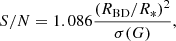 $$ \begin{aligned} S/N = 1.086\frac{ \left(R_{\rm BD}/R_{*}\right)^2}{\sigma (G)} ,\end{aligned} $$