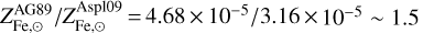 $Z_{{\rm{Fe,}} \odot }^{{\rm{AG}}89}/Z_{{\rm{Fe,}} \odot }^{{\rm{Asp}}109} = 4.68 \times {10^{ - 5}}/3.16 \times {10^{ - 5}}\~1.5$