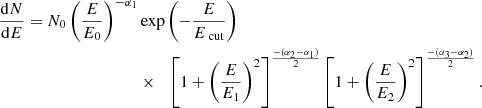 $$ \begin{aligned} \frac{\mathrm{d} N}{\mathrm{d}E} = N_0 \left(\frac{E}{E_0}\right)^{-\alpha _1}&\exp \left(-\frac{E}{E_{\text{ cut}}}\right)\\&\times \ \ \left[ 1 + \left( \frac{E}{E_1}\right)^2 \right]^{\frac{-(\alpha _2 - \alpha _1)}{2}} \left[ 1 + \left( \frac{E}{E_2}\right)^2 \right]^{\frac{-(\alpha _3 - \alpha _2)}{2}} \nonumber . \end{aligned} $$