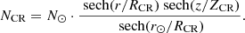 $$ \begin{aligned} N_{\rm CR} = N_{\odot } \cdot \frac{\text{ sech}(r/R_{\rm CR}) \text{ sech}(z/Z_{\rm CR})}{\text{ sech}(r_{\odot }/R_{\rm CR})}. \end{aligned} $$