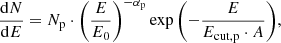$$ \begin{aligned} \frac{\mathrm{d} N}{\mathrm{d} E} = N_{\rm p} \cdot \left(\frac{E}{E_0}\right)^{-\alpha _{\rm p}} \exp {\left(-\frac{E}{E_{\rm cut, p}\cdot A}\right)}, \end{aligned} $$