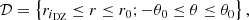 $$ \begin{aligned} \mathcal{D} = \left\{ r_{i_{\mathrm{DZ} }} \le r \le r_0 ; - \theta _0 \le \theta \le \theta _0 \right\} , \end{aligned} $$