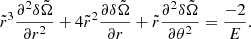 $$ \begin{aligned} \tilde{r}^3 \displaystyle \frac{\partial ^2 \delta \tilde{\Omega }}{\partial r^2} + 4 \tilde{r}^2 \displaystyle \frac{\partial \delta \tilde{\Omega }}{\partial r} + \tilde{r} \displaystyle \frac{\partial ^2 \delta \tilde{\Omega }}{\partial \theta ^2} = \displaystyle \frac{-2}{E} . \end{aligned} $$