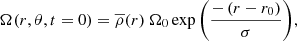$$ \begin{aligned} \Omega (r,\theta ,t=0) = \overline{\rho }(r) \ \Omega _0 \exp {\left( \displaystyle \frac{-\left(r - r_0 \right)}{\sigma }\right)} , \end{aligned} $$