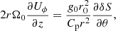 $$ \begin{aligned} 2 r \Omega _0 \displaystyle \frac{\partial U_{\phi }}{\partial z} = \displaystyle \frac{g_0 r_0^2}{C_{\rm p} r^2} \displaystyle \frac{\partial \delta S}{\partial \theta } , \end{aligned} $$