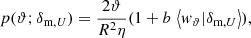 $$ \begin{aligned} p(\vartheta ;\delta _{\text{m},U})=\frac{2\vartheta }{R^2\eta }(1+b\, \left\langle w_{\vartheta }|\delta _{\text{m},U}\right\rangle ), \end{aligned} $$