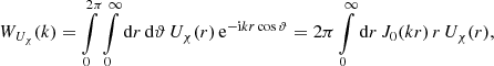 $$ \begin{aligned} W_{U_{\chi }}(k)&= \int \limits _0^{2\pi } \int \limits _0^{\infty }\mathrm{d}r\,\mathrm{d}\vartheta \, U_{\chi }(r)\,\text{e}^{-\mathrm{i}kr\cos \vartheta }= 2\pi \int \limits _0^{\infty }\mathrm{d}r \, J_0(kr)\,r\,U_{\chi }(r), \end{aligned} $$