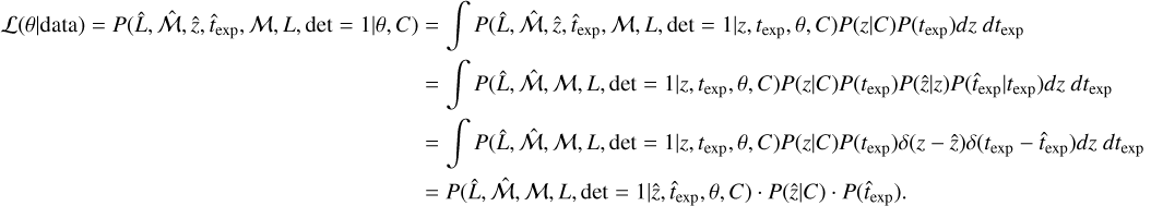 $\matrix{{{\cal L}\left({\theta \left| {{\rm{data}}} \right.} \right) = P\left({\hat L,\hat {\cal M},\hat z,{{\hat t}_{\exp}},{\cal M},L,\det = 1\left| {\theta,C} \right.} \right)} \hfill & {= \int P \left({\hat L,\hat {\cal M},\hat z,{{\hat t}_{\exp}},{\cal M},L,\det = 1\left| {z,{t_{\exp}},\theta,C} \right.} \right)P\left({z\left| C \right.} \right)P\left({{t_{\exp}}} \right)dzd{t_{\exp}}} \hfill \cr {} \hfill & {{\rm{}} = \int P \left({\hat L,\hat {\cal M},{\cal M},L,\det = 1\left| {z,{t_{\exp}},\theta,C} \right.} \right)P\left({z\left| C \right.} \right)P\left({{t_{\exp}}} \right)P\left({\hat z\left| z \right.} \right)P\left({{{\hat t}_{\exp}}\left| {{t_{\exp}}} \right.} \right)dzd{t_{\exp}}} \hfill \cr {} \hfill & {{\rm{}} = \int P \left({\hat L,\hat {\cal M},{\cal M},L,\det = 1\left| {z,{t_{\exp}},\theta,C} \right.} \right)P\left({z\left| C \right.} \right)P\left({{t_{\exp}}} \right)\delta \left({z - \hat z} \right)\delta \left({{t_{\exp}} - {{\hat t}_{\exp}}} \right)dzd{t_{\exp}}} \hfill \cr {} \hfill & {= P\left({\hat L,\hat {\cal M},{\cal M},L,\det = 1\left| {\hat z,{{\hat t}_{\exp}},\theta,C} \right.} \right) \cdot P\left({\hat z\left| C \right.} \right) \cdot P\left({{{\hat t}_{\exp}}} \right).} \hfill \cr} $