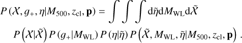 $\matrix{{P\left({\chi ,{g_ +},\eta \left| {{M_{500,}}{z_{{\rm{cl}}}},{\rm{p}}} \right.} \right) = \int {\int {\int {{\rm{d}}\tilde \eta} {\rm{d}}{M_{{\rm{WL}}}}{\rm{d}}\tilde \chi}}} \hfill \cr {\quad P\left({\chi \left| {\tilde \chi} \right.} \right)P\left({{g_ +}\left| {{M_{{\rm{WL}}}}} \right.} \right)P\left({\eta \left| {\tilde \eta} \right.} \right)P\left({\tilde \chi ,{M_{{\rm{WL}}}},\tilde \eta \left| {{M_{500}},{z_{{\rm{cl}}}},{\rm{p}}} \right.} \right).} \hfill \cr} $