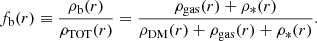 $$ \begin{aligned} f_\mathrm{b} (r) \equiv \frac{\rho _\mathrm{b} (r)}{\rho _\mathrm{TOT} (r)} = \frac{\rho _\mathrm{gas} (r) + \rho _*(r)}{\rho _\mathrm{DM} (r) + \rho _\mathrm{gas} (r) + \rho _*(r)}. \end{aligned} $$