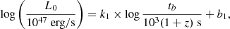 $$ \begin{aligned} \log \left(\frac{L_0}{10^{47}\ \mathrm {erg/s}} \right) = k_{1} \times \log \frac{t_{b}}{10^3(1+z)\ \mathrm s} + b_{1}, \end{aligned} $$