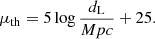 $$ \begin{aligned} \mu _{\mathrm{{th}}} = 5 \log \frac{d_{\rm L}}{ Mpc } + 25. \end{aligned} $$
