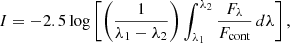 $$ \begin{aligned} I = -2.5 \log \left[ \left(\frac{1}{\lambda _1 - \lambda _2} \right) \int _{\lambda _1}^{\lambda _2} \frac{F_\lambda }{F_\mathrm{cont} } \,d\lambda \right], \end{aligned} $$