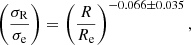 $$ \begin{aligned} \left(\dfrac{\sigma _{\rm R}}{\sigma _{\rm e}}\right) = \left(\dfrac{R}{R_{\rm e}} \right)^{-0.066 \pm 0.035}, \end{aligned} $$