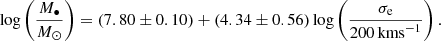$$ \begin{aligned} \log \left( \dfrac{M_{\bullet }}{M_{\odot }} \right) = (7.80 \pm 0.10) + (4.34 \pm 0.56) \log \left( \dfrac{\sigma _{\rm e}}{200 \, \mathrm{km s}^{-1}} \right) . \end{aligned} $$