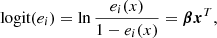 $$ \begin{aligned} \text{logit}({e_i}) = \ln \frac{e_i(x)}{1-e_i(x)} = \boldsymbol{\beta }\boldsymbol{x}^T , \end{aligned} $$