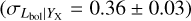 ${\sigma _{{L_{{\rm{bol}}}}|{Y_{\rm{X}}}}} = 0.36 \pm 0.03$