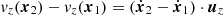 $ \mathit{v}_z(\boldsymbol{x}_2)-{v}_z(\boldsymbol{x}_1) = (\dot{\boldsymbol{x}}_2-\dot{\boldsymbol{x}}_1)\cdot\boldsymbol{u}_z $