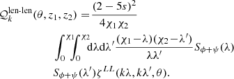 $$ \begin{aligned}&\mathcal{Q} _k^\text{len-len}(\theta ,z_1,z_2) =\! \frac{\left(2 - 5 s\right)^2}{4 \chi _1\chi _2} \nonumber \\&\qquad \qquad \qquad \int _0^{\chi _1} \!\! \!\! \int _0^{\chi _2} \!\!\!\mathrm{d} \lambda \mathrm{d} \lambda ^{\prime } \frac{(\chi _1\!-\!\lambda )(\chi _2\!-\!\lambda ^{\prime })}{\lambda \lambda ^{\prime }}S_{\phi +\psi }(\lambda )\nonumber \\&\qquad \qquad \qquad S_{\phi +\psi }(\lambda ^{\prime }) \zeta ^{LL}(k\lambda ,k\lambda ^{\prime },\theta ). \end{aligned} $$