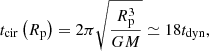 $$ \begin{aligned} t_{\mathrm{cir} }\left(R_{\mathrm{p} }\right)=2 \pi \sqrt{\frac{R_{\mathrm{p} }^{3}}{G M}} \simeq 18 t_{\mathrm{dyn} }, \end{aligned} $$