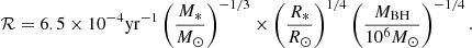 $$ \begin{aligned} \mathcal{R} =6.5 \times 10^{-4} \mathrm{yr} ^{-1}\left(\frac{M_{*}}{M_{\odot }}\right)^{-1 / 3} \times \left(\frac{R_{*}}{R_{\odot }}\right)^{1 / 4}\left(\frac{M_{\mathrm{BH} }}{10^{6} M_{\odot }}\right)^{-1 / 4} .\end{aligned} $$