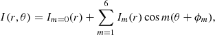 $$ \begin{aligned} I(r, \theta ) = I_{m=0}(r) + \sum _{m=1}^{6} I_{m}(r) \cos m(\theta + \phi _{m}), \end{aligned} $$