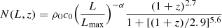 $$ \begin{aligned} N(L,z)=\rho _0c_0\Big ( \frac{L}{L_{\rm max}}\Big )^{-\alpha }\frac{(1+z)^{2.7}}{1+[(1+z)/2.9]^{5.6}} \end{aligned} $$