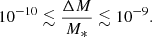 $$ \begin{aligned} 10^{-10}\lesssim \frac{\Delta M}{M_*}\lesssim 10^{-9} . \end{aligned} $$