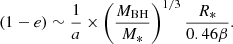 $$ \begin{aligned} (1-e)\sim \frac{1}{a}\times \left(\frac{M_{\rm BH}}{M_*}\right)^{1/3}\frac{R_*}{0.46\beta }. \end{aligned} $$