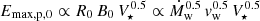 $ E_{\mathrm{max,p,0}} \propto R_0\,B_0\,V_\star^{0.5} \propto \dot{M}_{\mathrm{w}}^{0.5}\,{v}_{\mathrm{w}}^{0.5}\,V_\star^{0.5} $