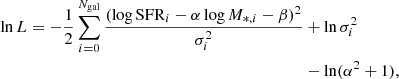 $$ \begin{aligned} \ln L = - \frac{1}{2} \sum _{i=0}^{N_{\mathrm{gal} }} \frac{(\log \mathrm{SFR}_i -\alpha \log M_{*,i} - \beta )^2}{\sigma _i^2}&+ \ln \sigma _i^2\nonumber \\&- \ln (\alpha ^2 + 1), \end{aligned} $$
