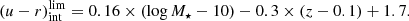 $$ \begin{aligned} (u-r)_{\rm int}^\mathrm{lim} = 0.16 \times (\log M_\star -10) - 0.3 \times (z - 0.1) + 1.7. \end{aligned} $$