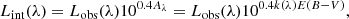 $$ \begin{aligned} L_{\mathrm{int} }(\lambda ) = L_{\mathrm{obs} } (\lambda ) 10^{0.4A_\lambda } = L_{\mathrm{obs} } (\lambda ) 10^{0.4k(\lambda )E(B{-}V)}, \end{aligned} $$
