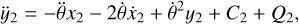 ${\ddot y_2} = - \ddot \theta {x_2} - 2\dot \theta {\dot x_2} + {\dot \theta ^2}{y_2} + {C_2} + {Q_2},$