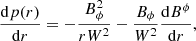 $$ \begin{aligned} \frac{\mathrm{d}p(r)}{\mathrm{d}r}=-\frac{B_{\phi }^2}{rW^2}-\frac{B_{\phi }}{W^2}\frac{\mathrm{d}B^{\phi }}{\mathrm{d}r}, \end{aligned} $$