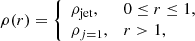 $$ \begin{aligned} \rho (r) = \left\{ \begin{array}{ll} \rho _{\mathrm{jet} },&0\le r \le 1,\\ \rho _{j=1},&r>1, \end{array}\right. \end{aligned} $$