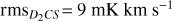 ${\rm{rm}}{{\rm{s}}_{{D_{\rm{2}}}CS}} = 9\,{\rm{mK}}\,{\rm{km}}\,{{\rm{s}}^{- {\rm{1}}}}$