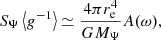 $$ \begin{aligned} S_\Psi \left\langle g^{-1} \right\rangle&\simeq \frac{4\pi r_{\rm e}^4}{GM_\Psi }A(\omega ),\end{aligned} $$