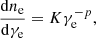 $$ \begin{aligned} \dfrac{\mathrm{d}n_{\rm e}}{\mathrm{d}\gamma _{\rm e}} = K \gamma _{\rm e}^{-p}, \end{aligned} $$
